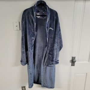 Tommy Bahama Mens Plush Fleece Robe Blue Plaid Trim Marlin Logo L/XL NWOT